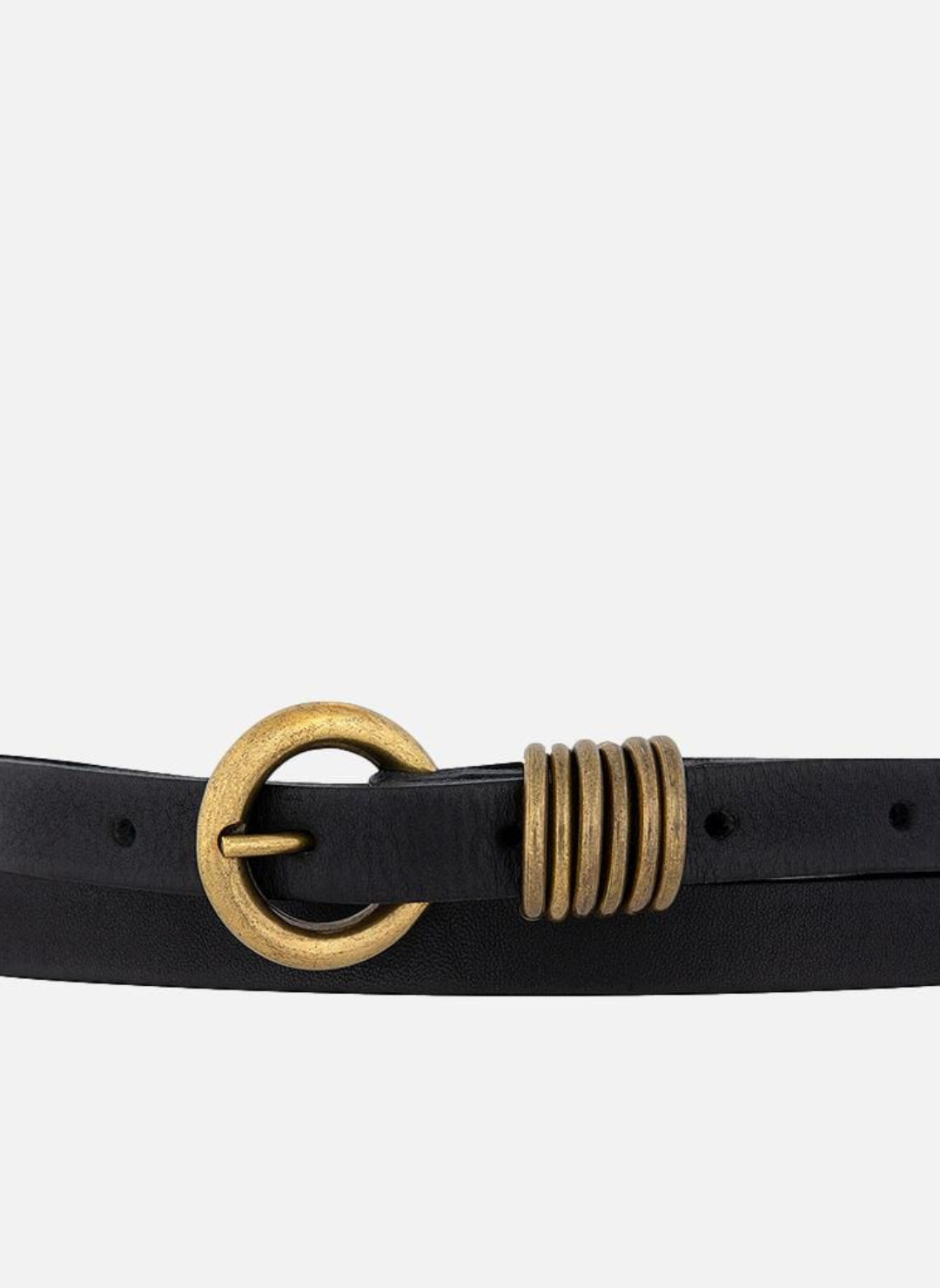 Black belt with gold detailing in front of white background.