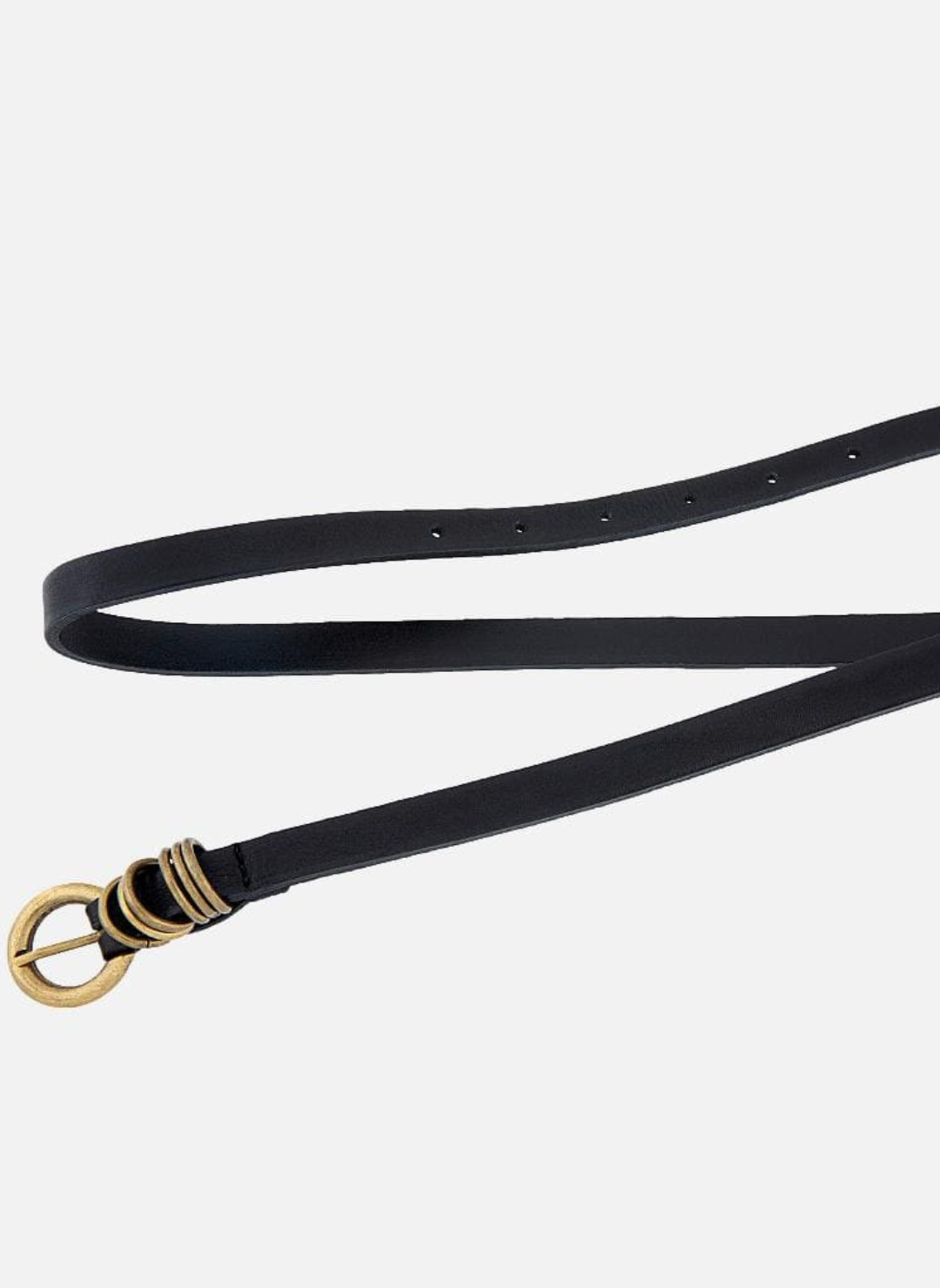 Full view of belt with gold detailing in front of white background.
