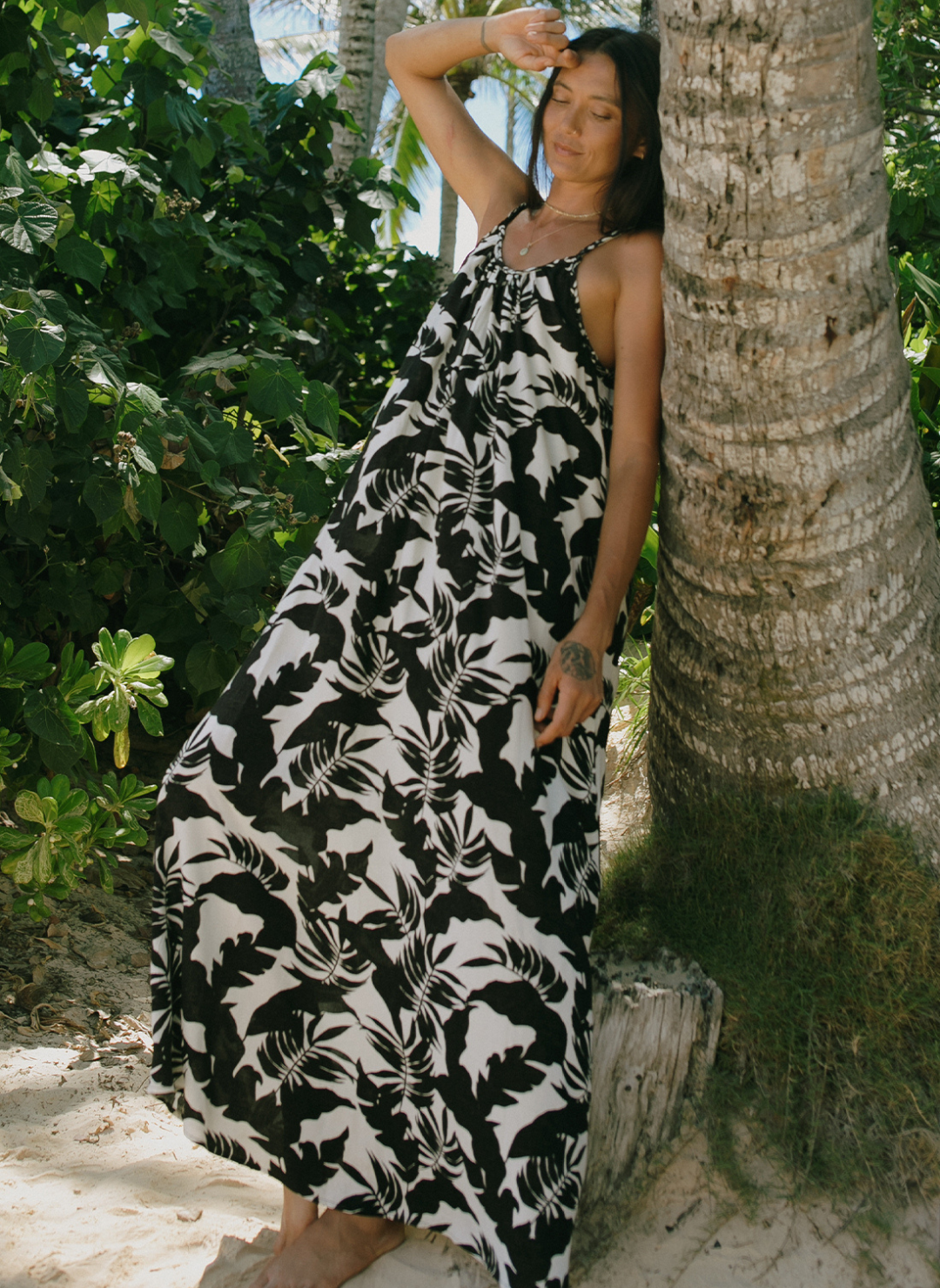 Tropical print black and white maxi dress with braided straps for women
