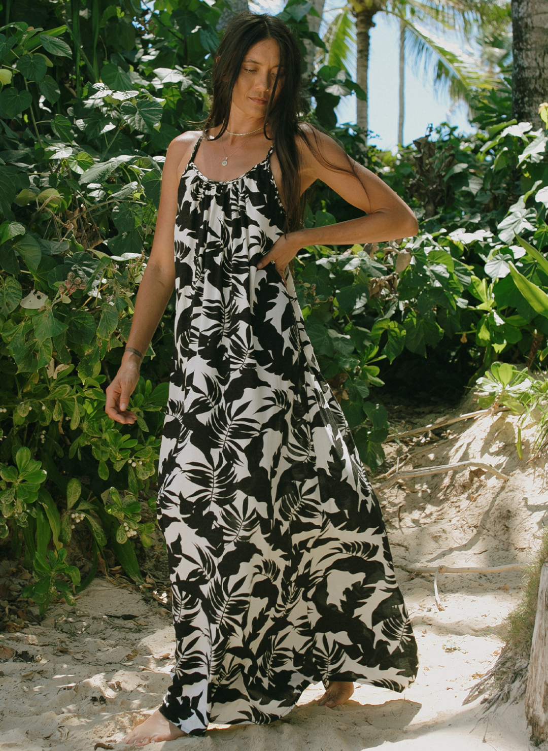 Tropical print black and white maxi dress with braided straps for women.
