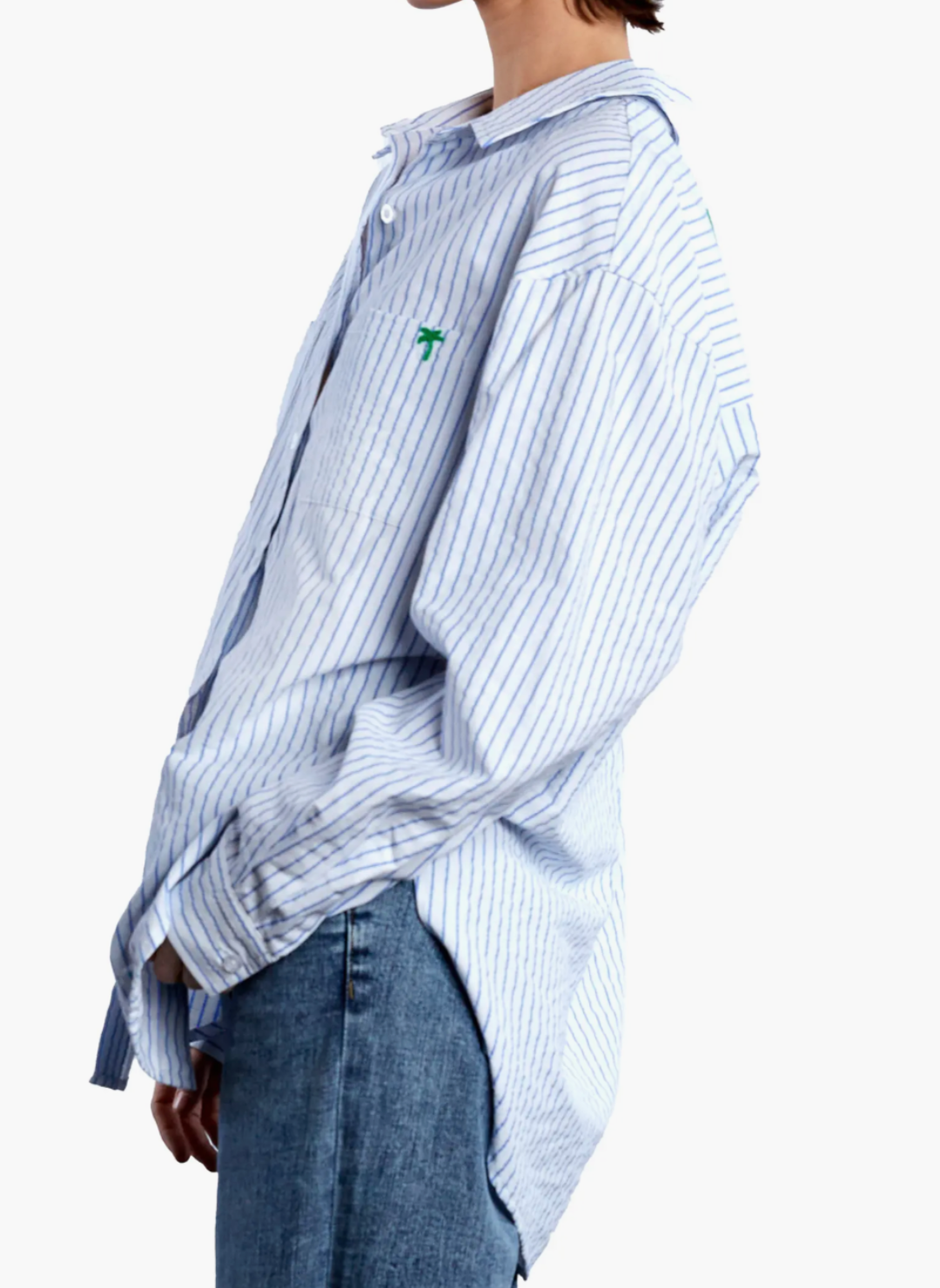 Side view of model wearing the Bill T Back Off Stripped Shirt
