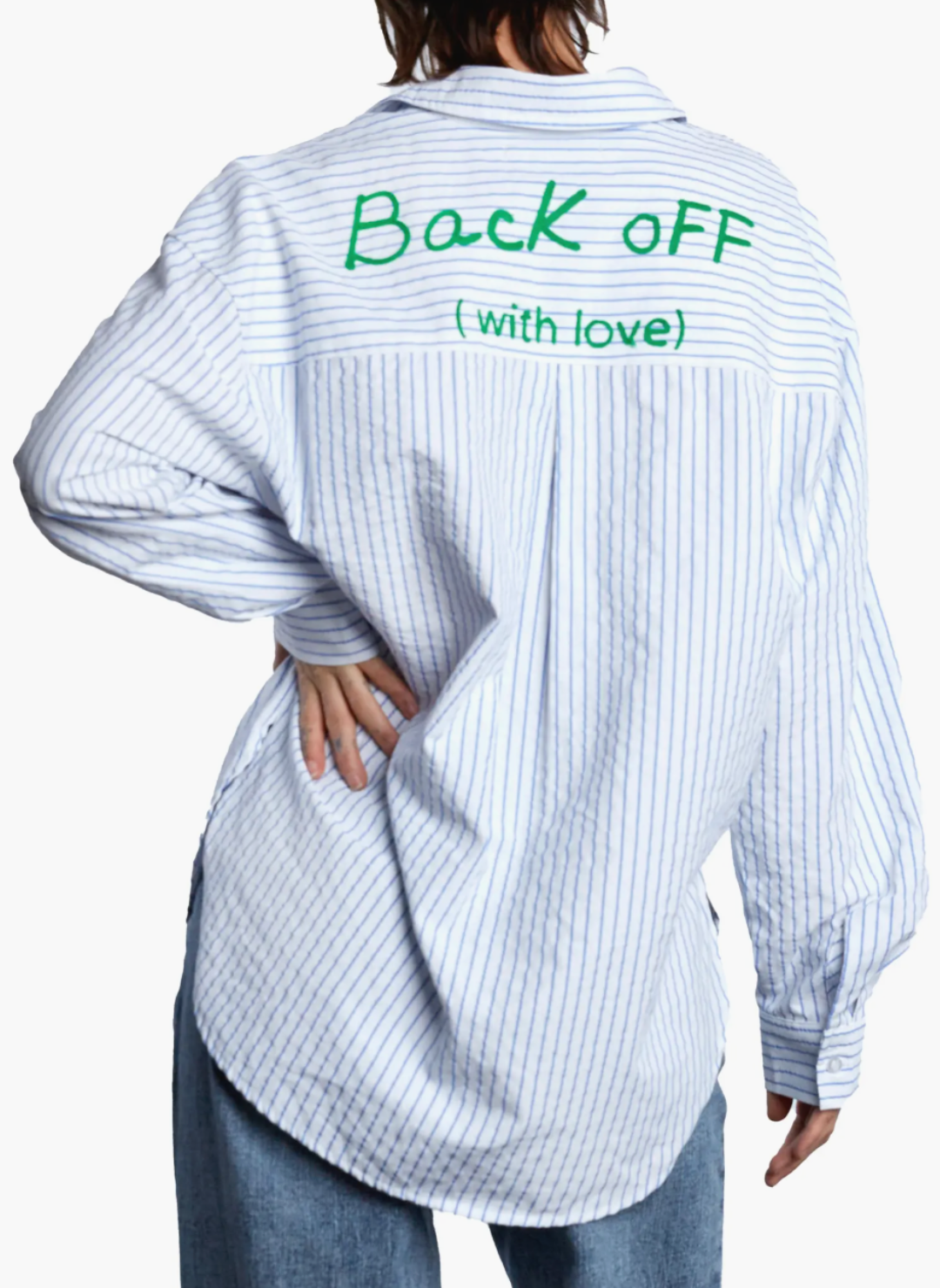 back view of model wearing the Bill T Back Off Stripped Shirt