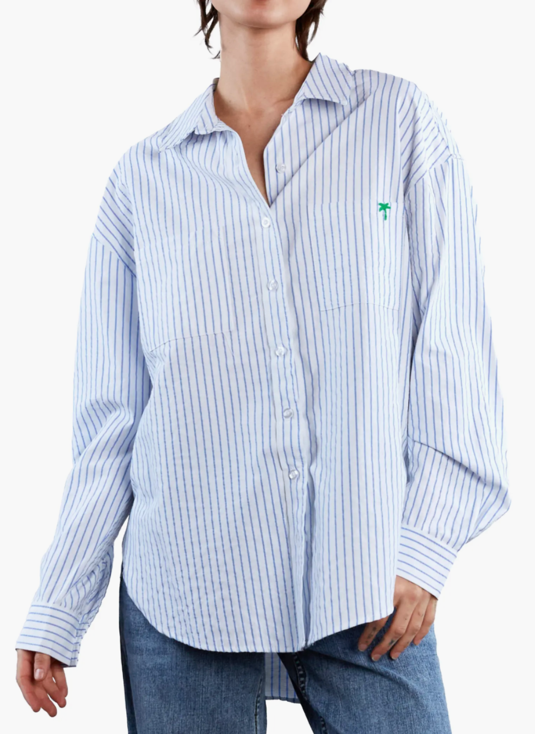 full front view of model wearing the Bill T Back Off Stripped Shirt