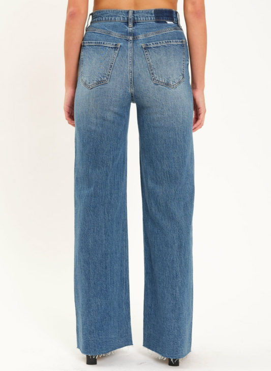 Back view of model wearing the DAZE Far Out High Rise Wide Leg Denim