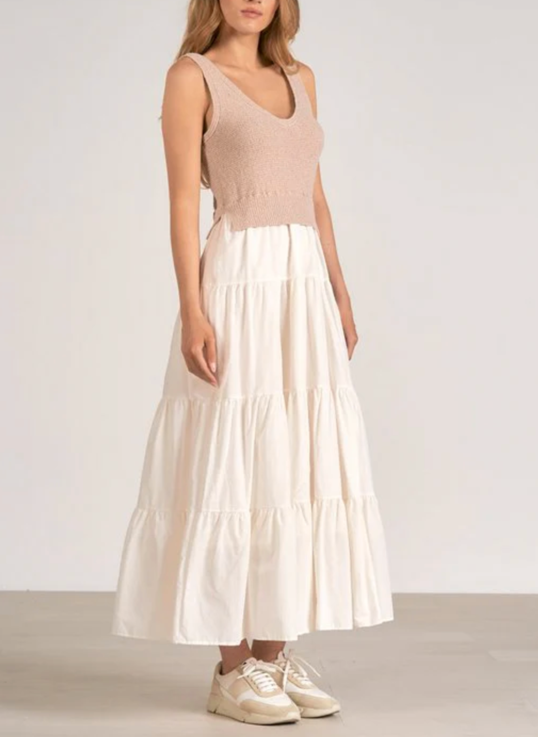 Full view of model wearing the Elan Twice as Nice Tank Dress.