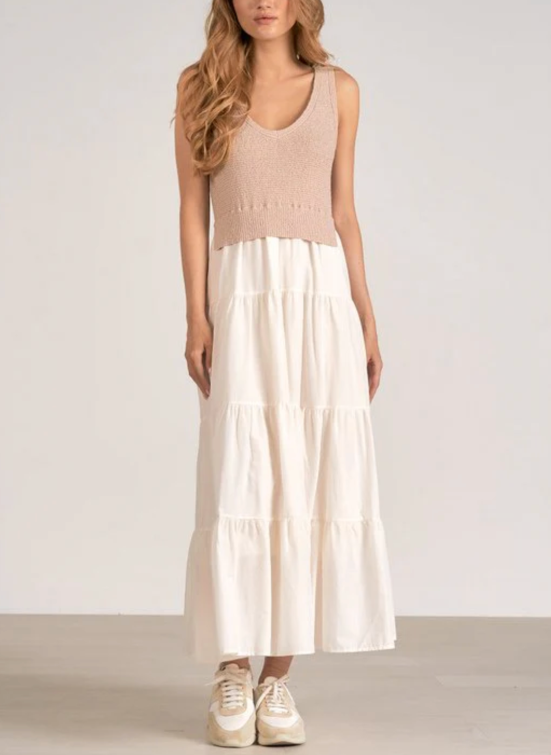 Full view of model wearing the Elan Twice as Nice Tank Dress