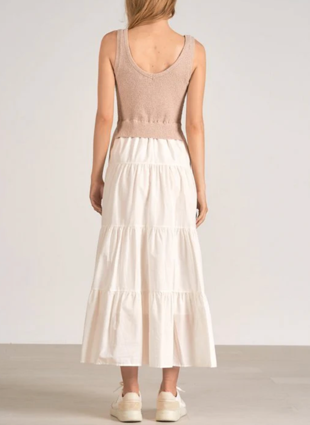Back view of model wearing the Elan Twice as Nice Tank Dress