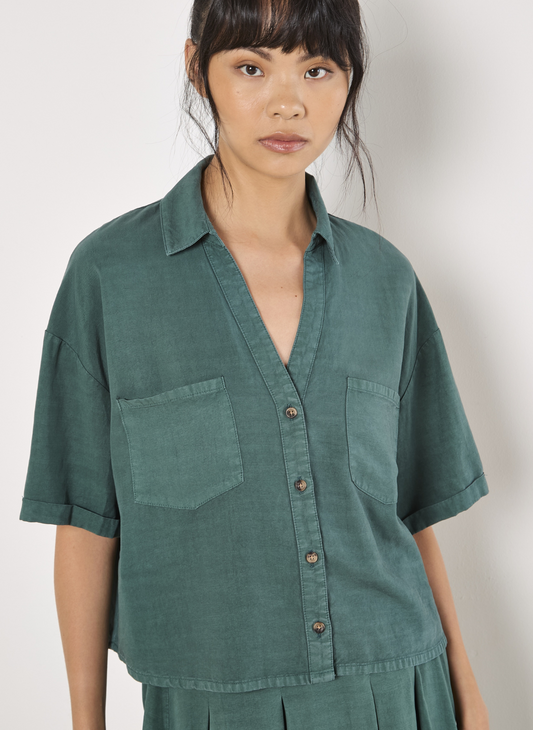 Safari Open Collar Cropped Slub Shirt