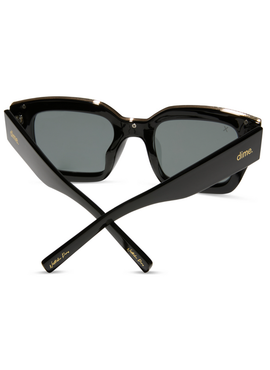 A view of the back of the glasses, showing with gold “dime.” on the sides of the frames.