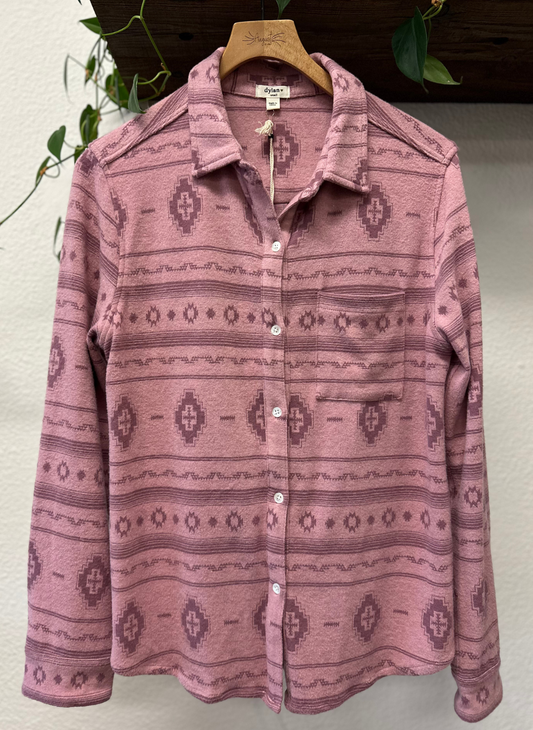 Dylan Pink Emma Brushed shirt on a hanger against a neutral background.  Southwest Print.