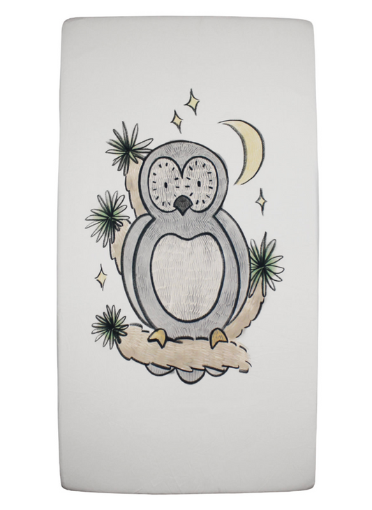 Front view of organic cotton baby sweat set in light grey featuring owl graphic and matching bottoms