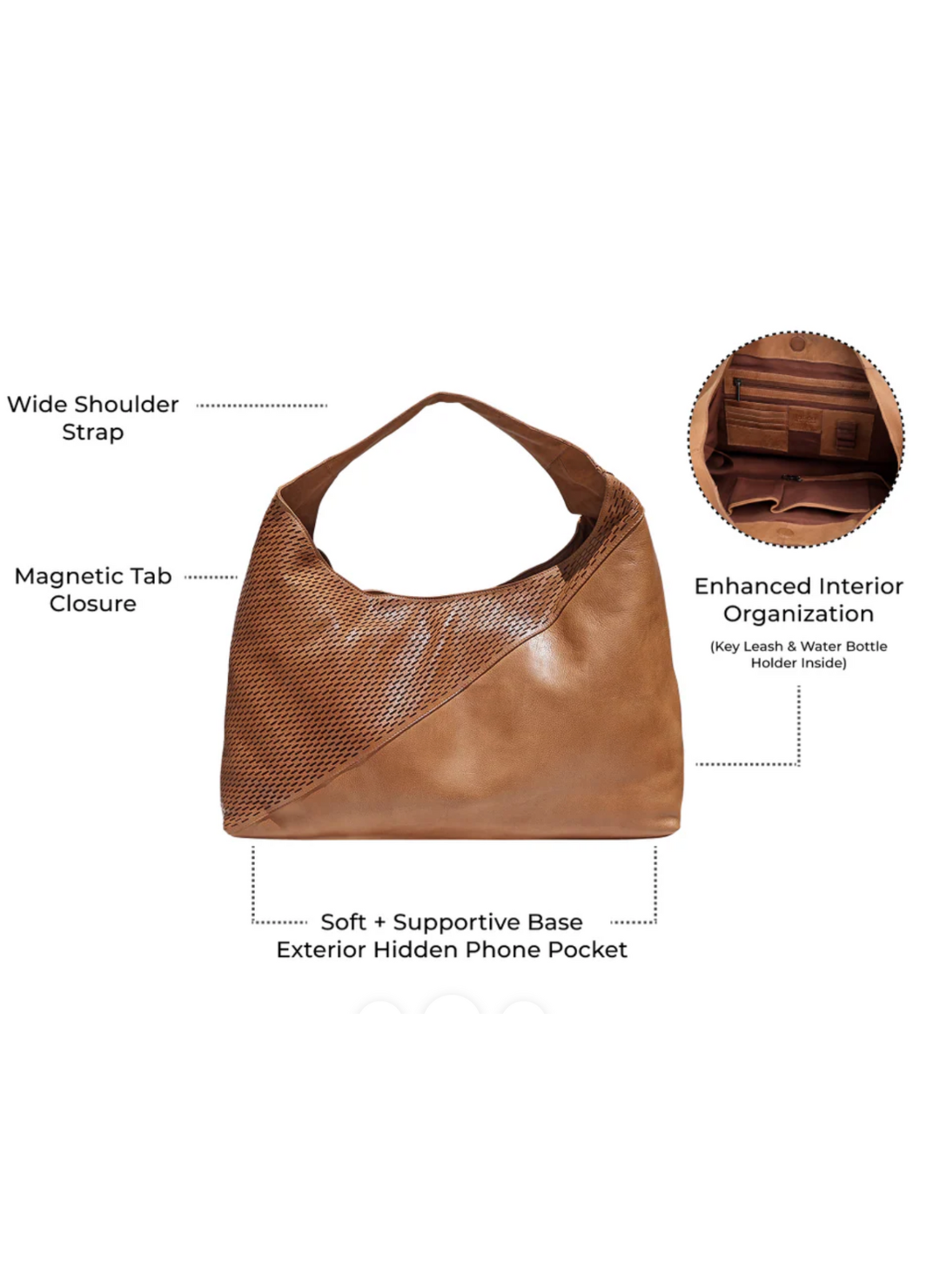 Latico Lindsey Laser Cut Leather Tote with wide strap, magnetic closure, and hidden phone pocket