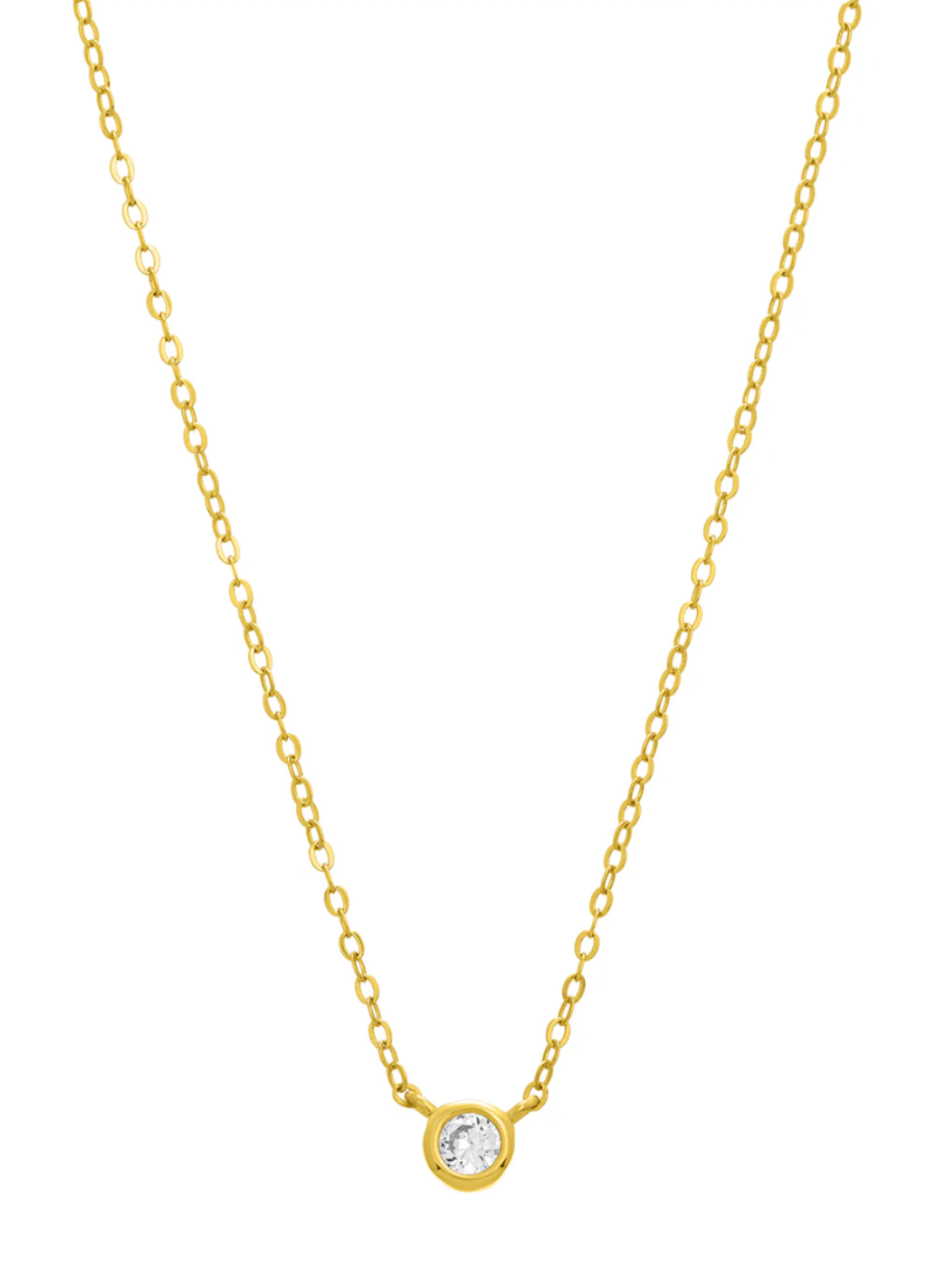 Close-up of gold FYB Marisol Pendant necklace featuring cubic zirconia bezel charm on adjustable chain