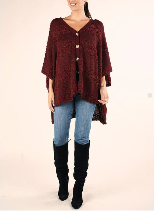 Lovestitch Popcorn Striped Oversized Button Front Poncho in deep wine, front view with jeans.
