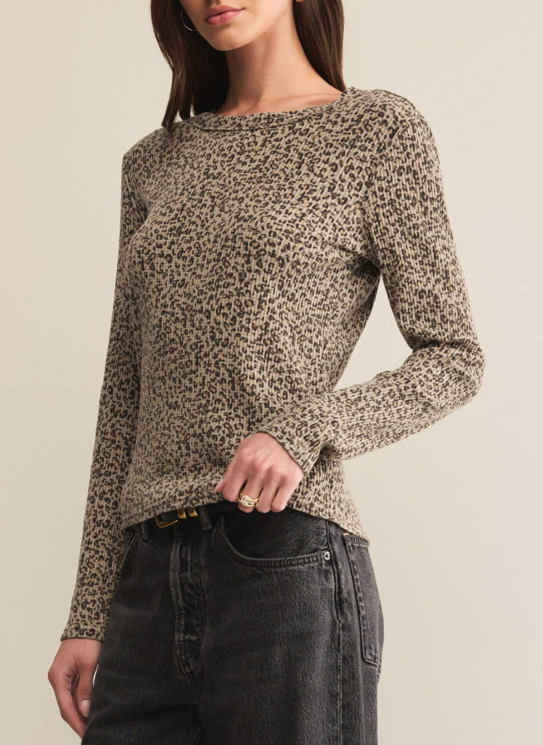 Z Supply Arlet Leopard Print Thermal Top in black and tan, fitted long sleeve crew neck with soft brushed thermal knit.