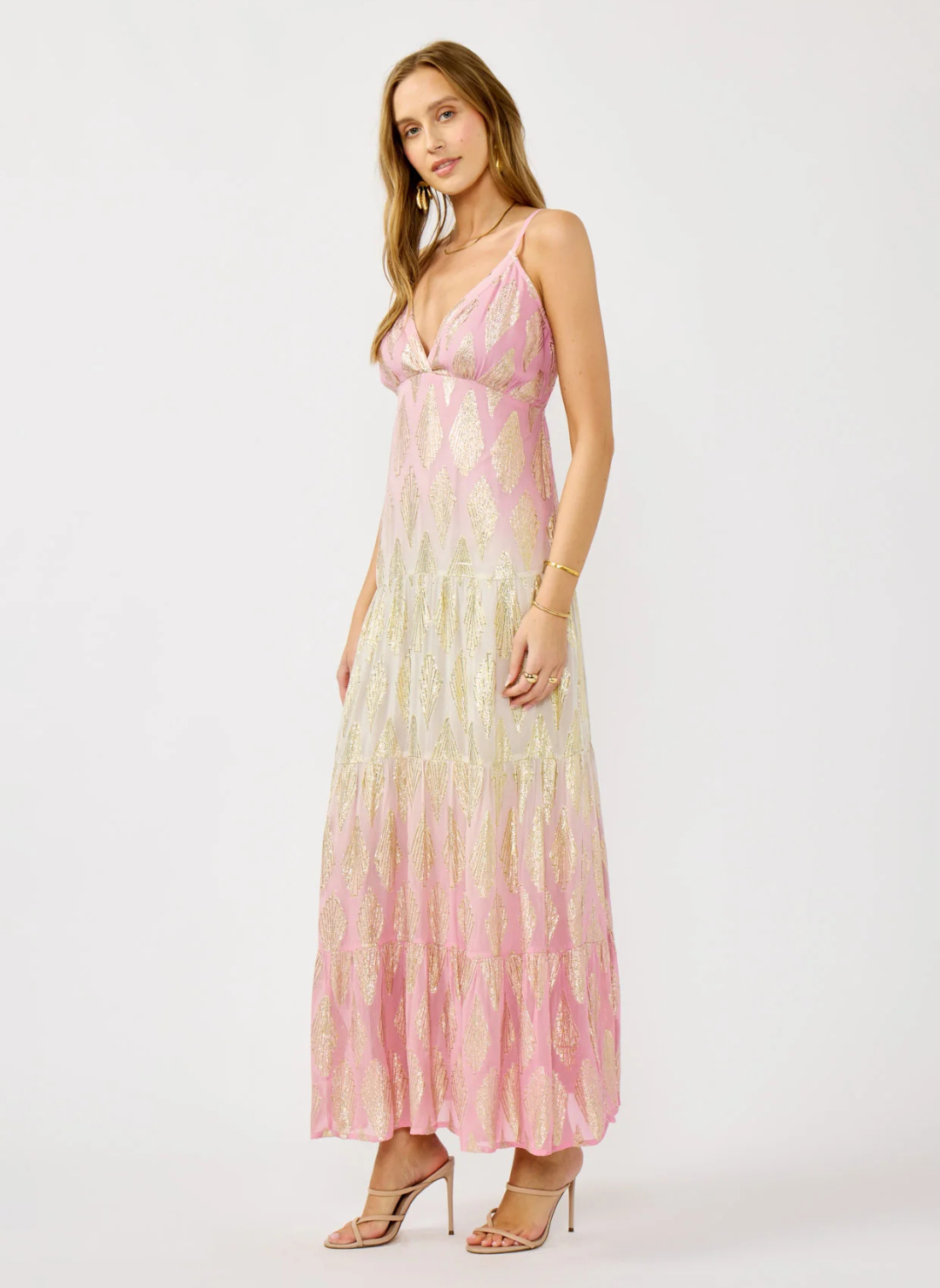 Front and back view of the Shayla Spaghetti Strap Ombre Dress available at August Boutique Ripon, featuring blush pink and cream tones with gold foil print, tiered maxi length, and adjustable straps