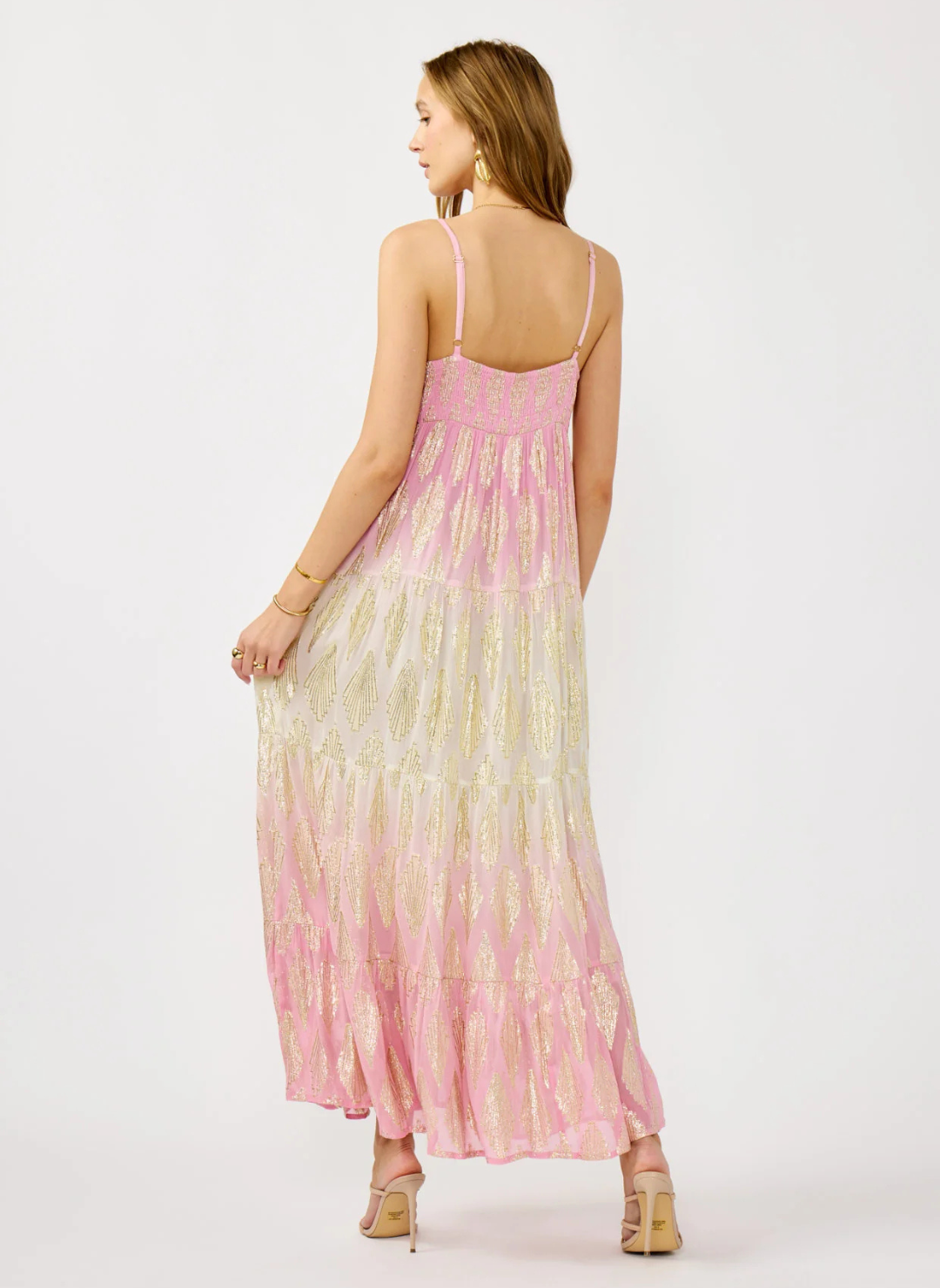 Front and back view of the Shayla Spaghetti Strap Ombre Dress available at August Boutique Ripon, featuring blush pink and cream tones with gold foil print, tiered maxi length, and adjustable straps