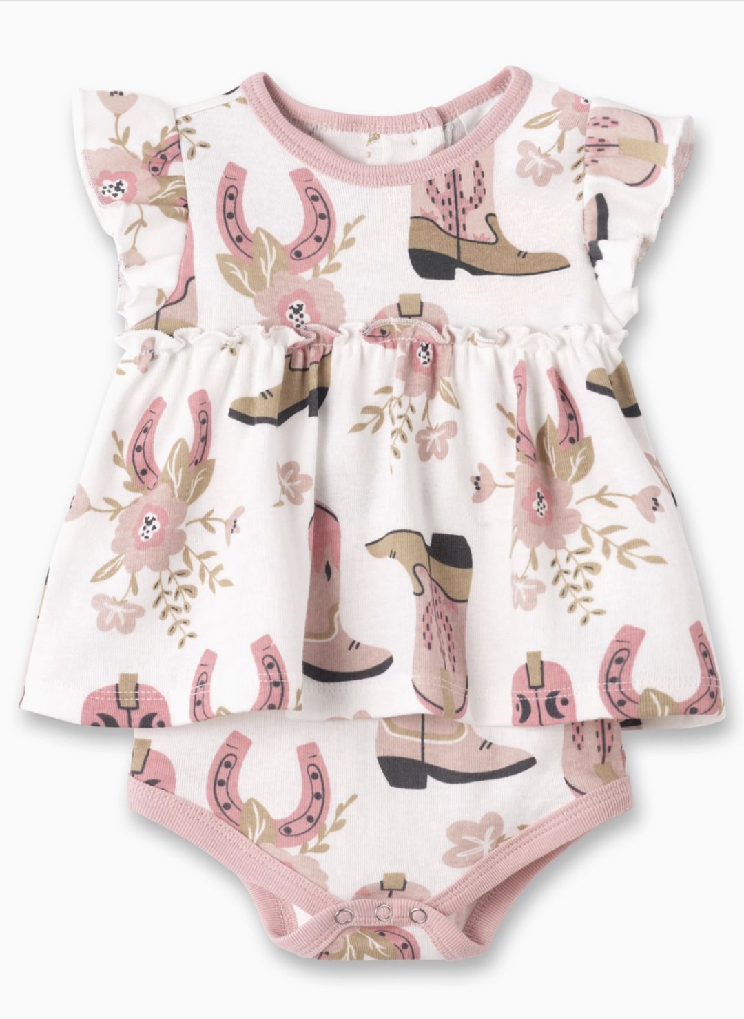 Baby dress and bloomers set with cowboy boot and horseshoe pattern on a white background