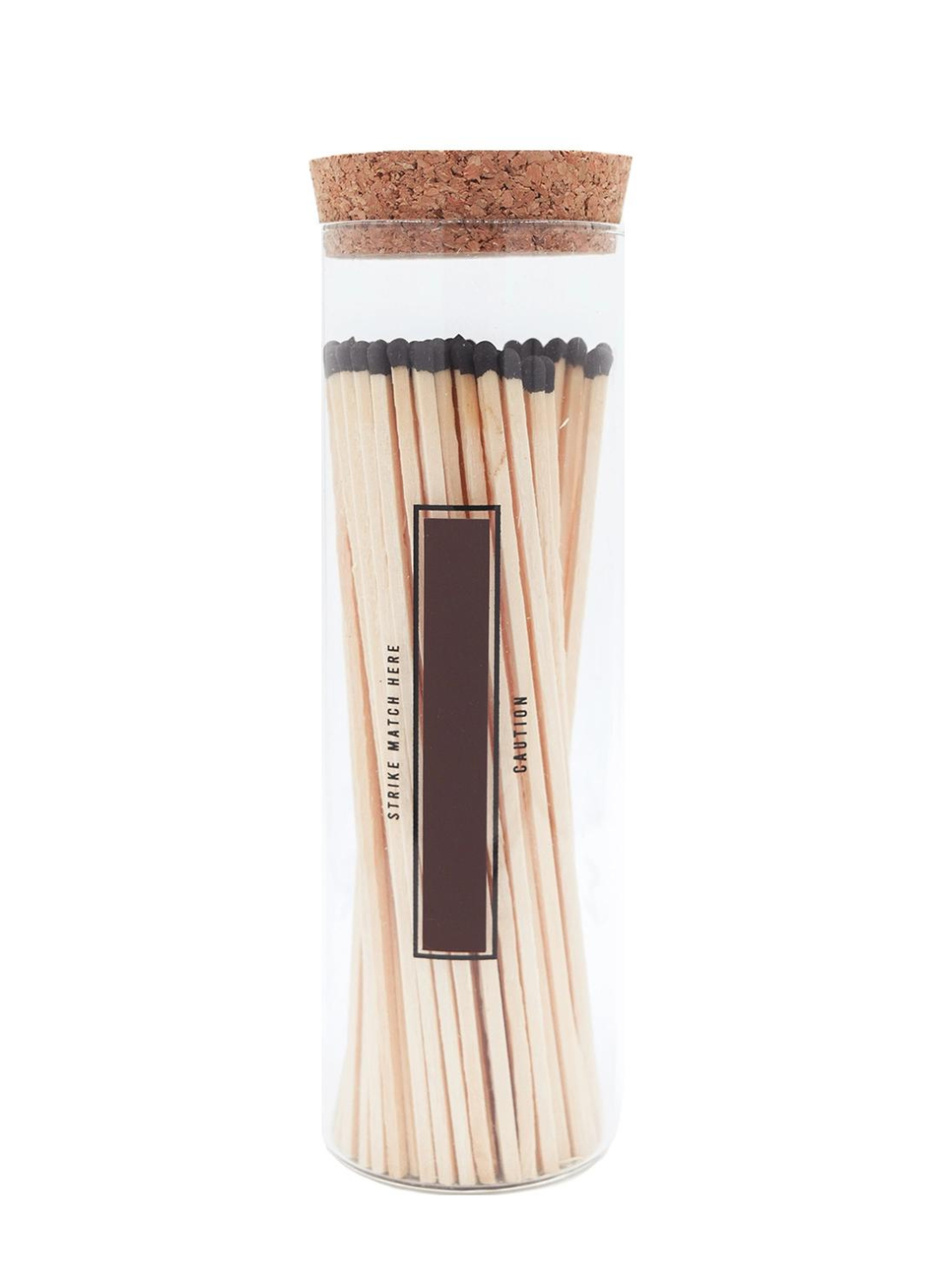 Back view of product. Tall glass round canister for 7" matches. Back of glass jar has a strip to light matches. Cork top.
