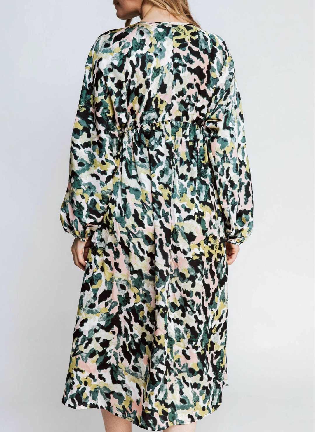 Back view of model wearing the ZHRILL Reflection Printed Dress. White background.