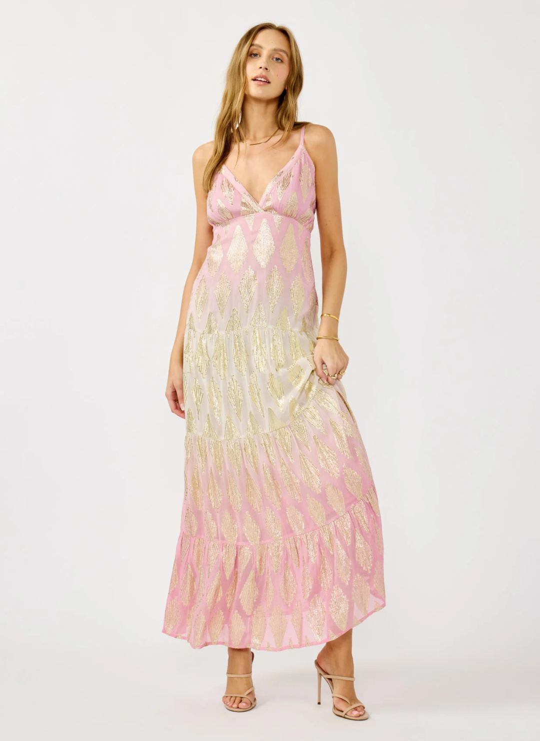Front and back view of the Shayla Spaghetti Strap Ombre Dress available at August Boutique Ripon, featuring blush pink and cream tones with gold foil print, tiered maxi length, and adjustable straps.