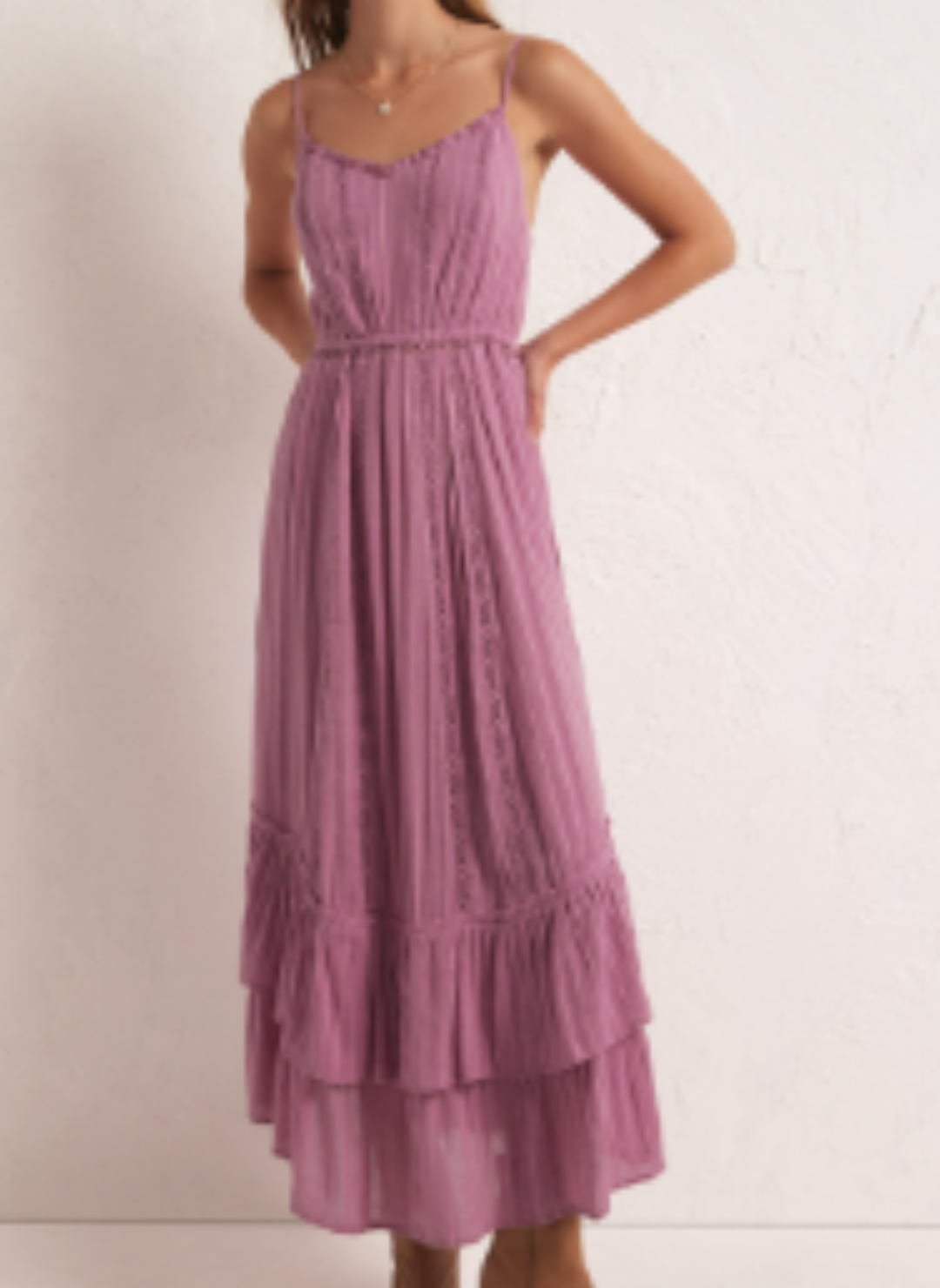 Full size view of ZS Rose Maxi Dress. Model is standing in front of white background.