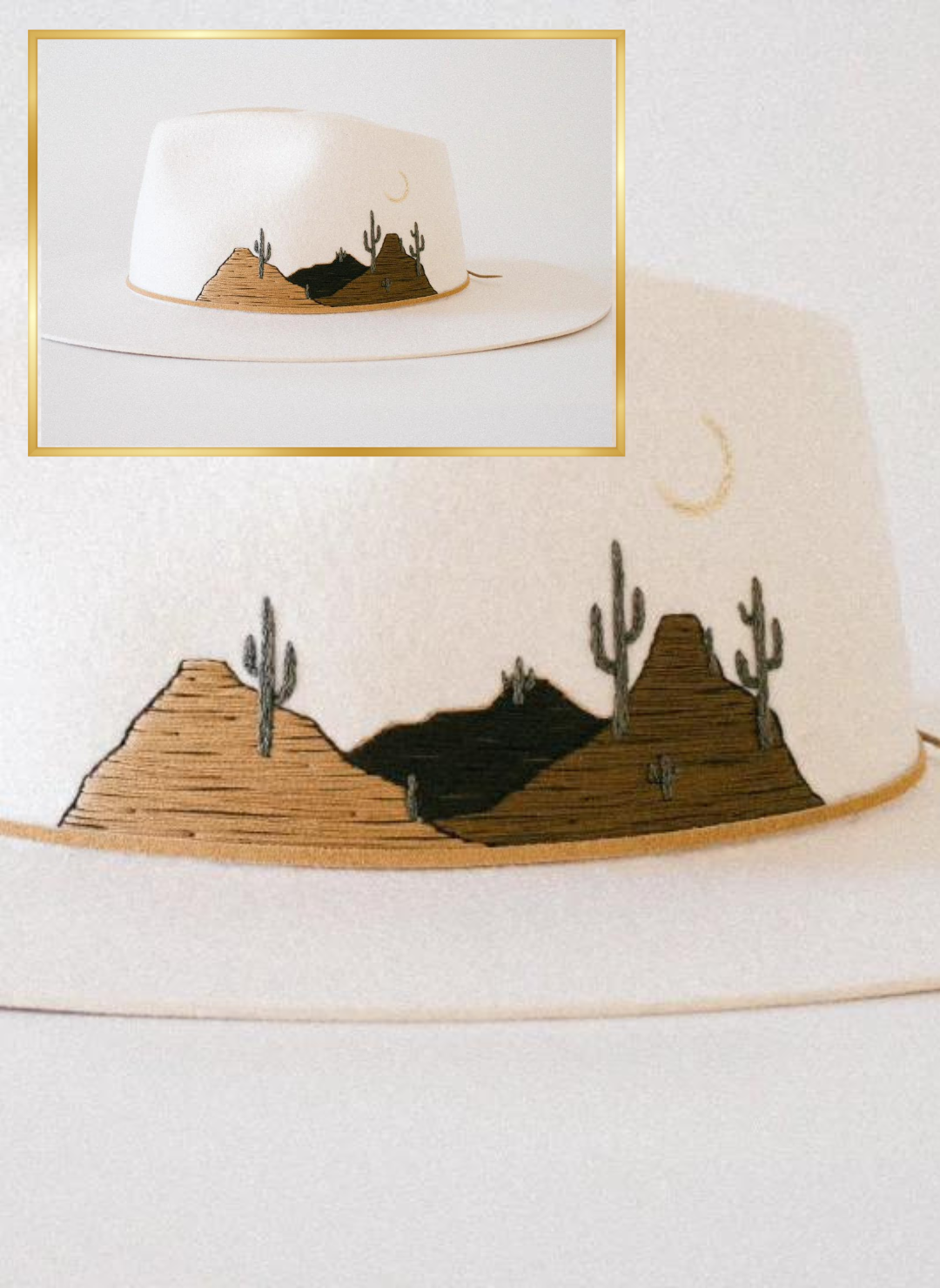 Side view of cream colored Grand Canyon Hat with hand-embroidered desert scene.