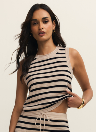 Front view of Z Supply Emori Striped Muscle Tank in neutral black and taupe stripes.