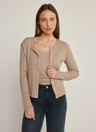 Front view of Sunday Ritual Alexis Rib Long Sleeve Cardigan in taupe featuring luxurious ribbed texture and long sleeves