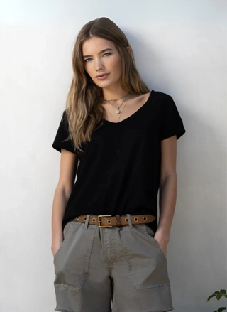 Front view of Dylan Softness Slub V-Neck Tee in black featuring flattering v-neckline and subtle slub texture