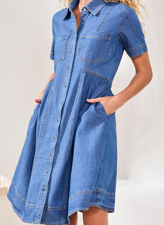 Close-up of button-down front and soft denim texture on the Tribal Denim Dress.