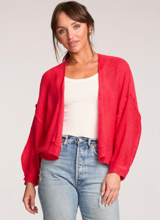 Front view of Saltwater Luxe Leave Me Be Long Sleeve Sweater in red featuring cropped silhouette and boxy fit