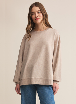 Front view of Z Supply Modern Weekender in taupe featuring crew neck, long sleeves, and burnout wash finish