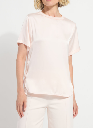 Front view of Lyssé Jenika Crochet Neck Mixed Media Top in light pink featuring hand-crocheted collar and satin construction