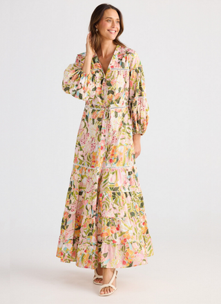 Brave & True Gertie Dress full-length cotton tiered dress with ladder trim and waist tie.