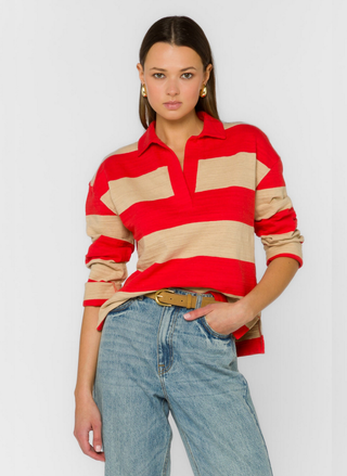 Front view of Velvet Heart Sailor Sweater in hot red stripes featuring pop-over design and textured cotton knit