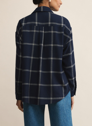 Back view of Z Supply navy flannel shirt showing long sleeves and relaxed fit with soft wash finish