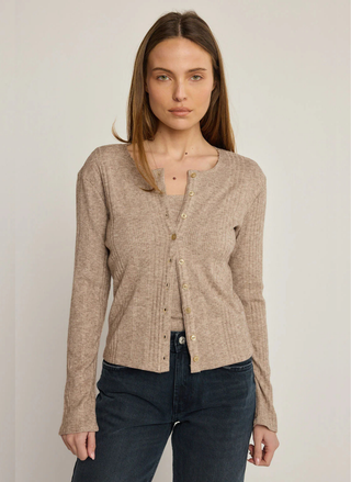 Close-up detail of ribbed texture and luxurious rayon blend fabric on Sunday Ritual Alexis cardigan