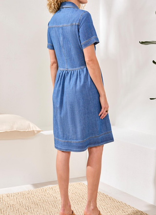 Back view of soft denim texture on the Tribal Denim Dress.