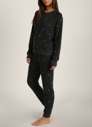 Side view of Dylan Chloe Rose Embroidered Jogger in black featuring delicate rose embroidery and relaxed fit