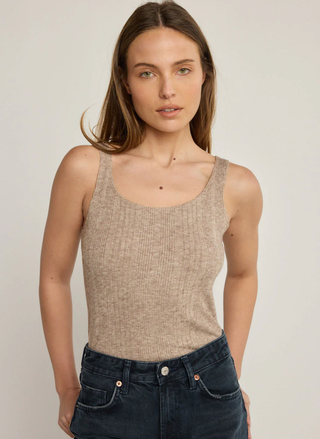 Front view of Sunday Ritual Alexis Rib Tank in taupe featuring luxurious ribbed texture and premium fabric blend