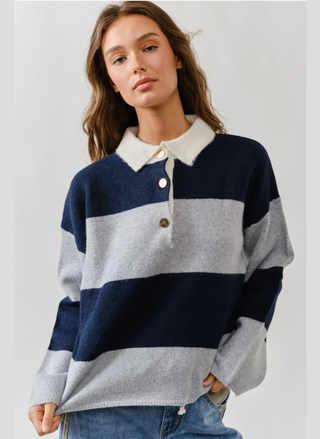 Women’s striped collared sweater in navy and grey with ivory button placket – preppy knit top.