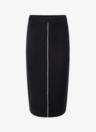 Close-up detail of white center line stripe and soft stretchy knit fabric on M Made in Italy black skirt