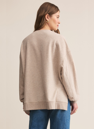 Back view of Z Supply taupe top showing relaxed fit and lightweight Baby French Terry fabric