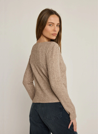 Back view of Sunday Ritual taupe cardigan showing soft drape and premium ribbed knit construction
