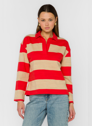 Close-up detail of hot red striped pattern and textured medium-weight cotton fabric on Velvet Heart Sailor Sweater