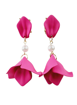 Pink flower-shaped earrings with pearl-like beads on a white background