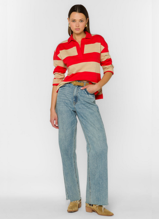 Front view of Velvet Heart Sailor Sweater in hot red stripes featuring pop-over design and textured cotton knit