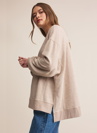 Side view of Z Supply taupe top showing relaxed fit and lightweight Baby French Terry fabric