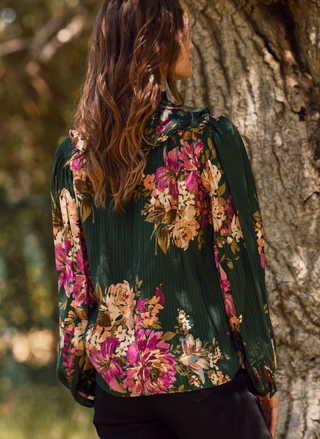 Back view of Oddi green floral blouse showing long sleeves and flowing rayon-nylon fabric drape